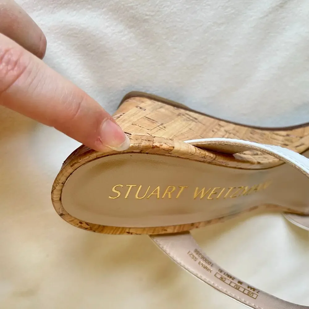 Stuart‎ Weitzman Aleena Wedge Heel Sandals 7.5 Narrow White Patent Leather Cork - Picture 12 of 13